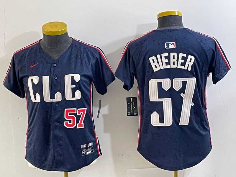 Womens Cleveland Guardians #57 Shane Bieber Number Navy 2024 City Connect Limited Stitched Jerseys